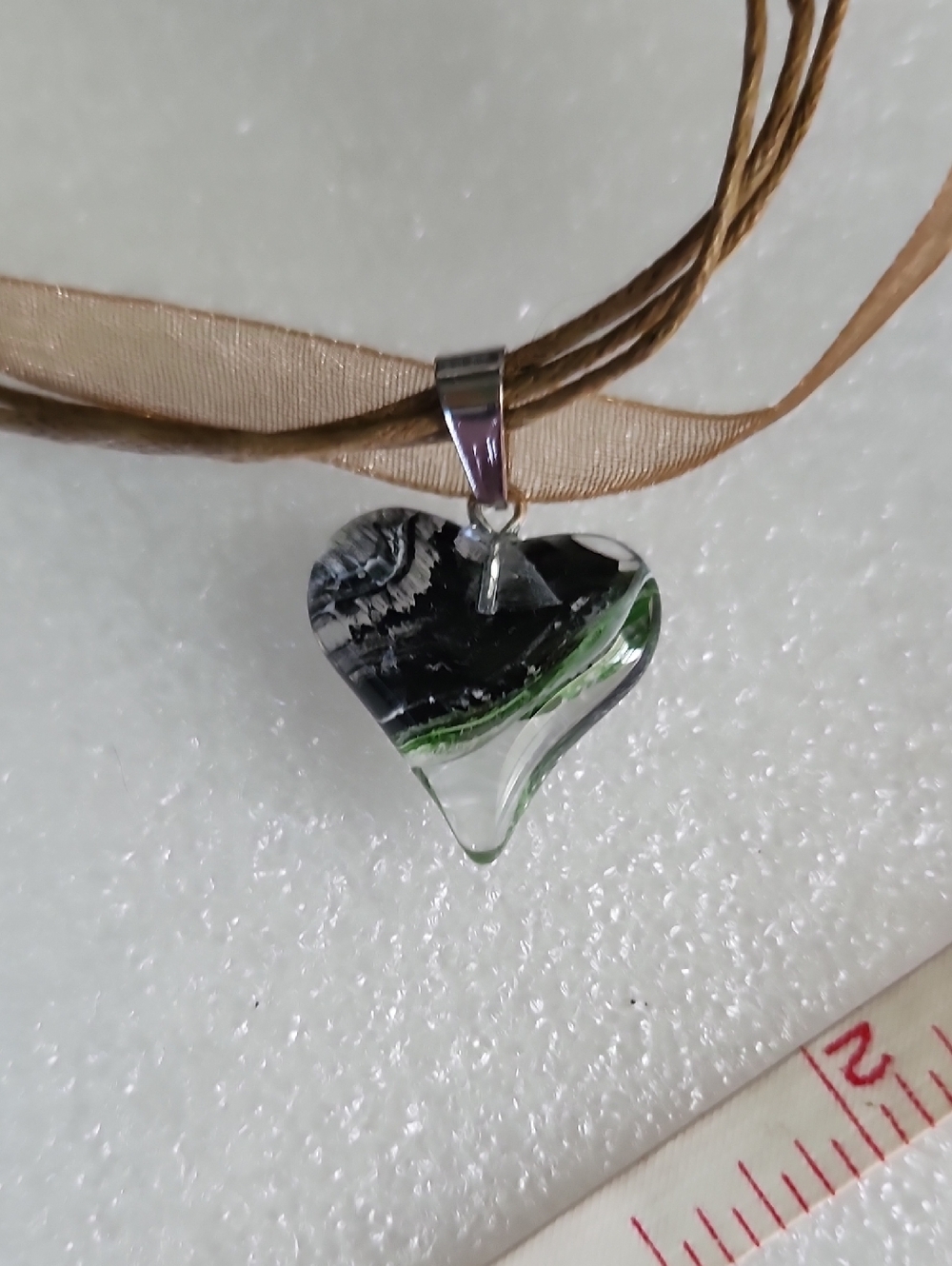 Hand Crafted Black and Green Heart Glass Pendant Necklace